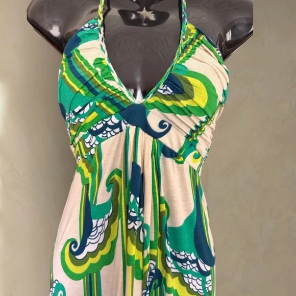 T-Bags Vibrant Green and Blue Patterned Maxi Dress | Size M - Picture 3 of 6